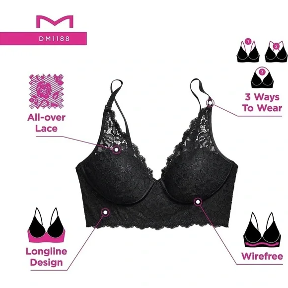 Maidenform Pure Comfort Bralette Wireless Lace Long Blue/Dots White Bra Size 34D - Picture 8 of 9